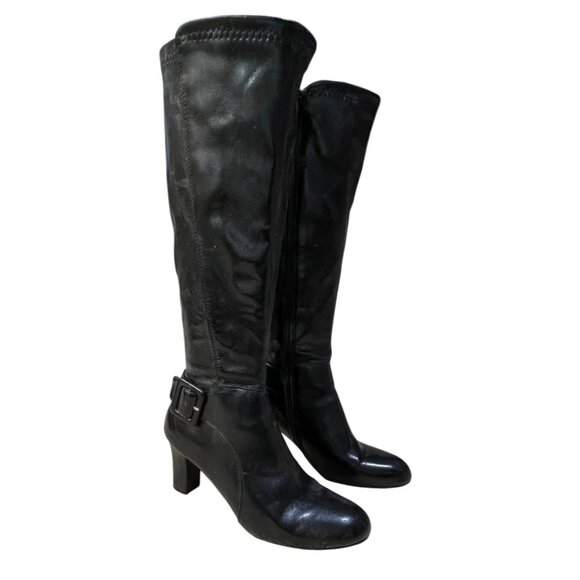 Croft & Barrow Black Boots Knee High Buckle Size 7.5 Almond Toe High Heel - Picture 1 of 12